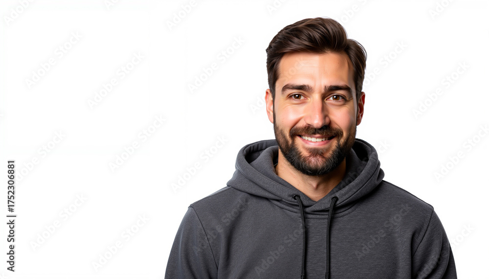 Fototapeta premium Smiling young man with beard wearing hoodie on white background, concept of No Shave November copyspace