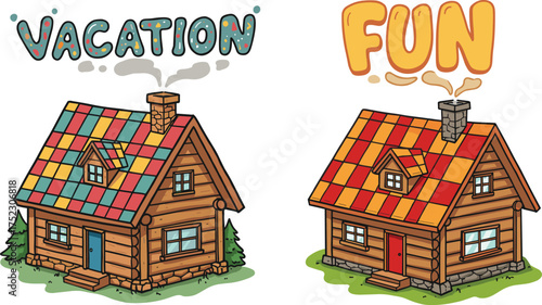Cartoon log cabins, colorful tiled roofs, vacation theme, fun lettering, cozy forest scene, smoke chimney, playful design, outdoor leisure, family retreat
