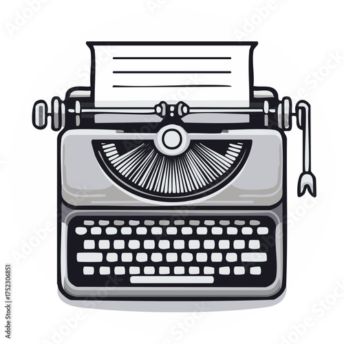 Illustration of a vintage typewriter with paper for writing and literary themes.