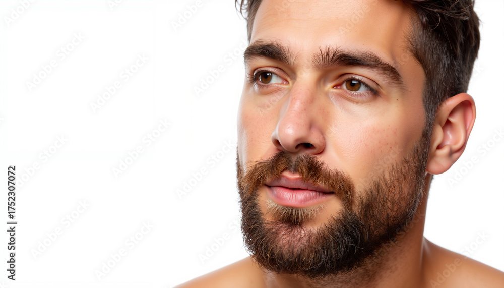 Fototapeta premium Beard close up, Young man with a beard looking thoughtfully on white background for No Shave November , copyspace 