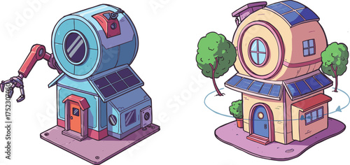 Futuristic smart buildings, cartoon architecture, solar panels, robotic arm, eco-friendly design, modular home, rotating structure, imaginative concept, tech house, green energy