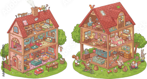 Cartoon animal houses, cozy interiors, whimsical cross-section, playful rooms, storybook design, colorful decor, anthropomorphic animals, imaginative scene, multi-floor layout, cute home