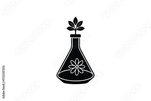 Clean illustration of a laboratory flask with a single flower on a white background