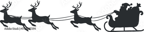 Silhouette of Santa Claus in a sleigh pulled by reindeer during a festive holiday season.