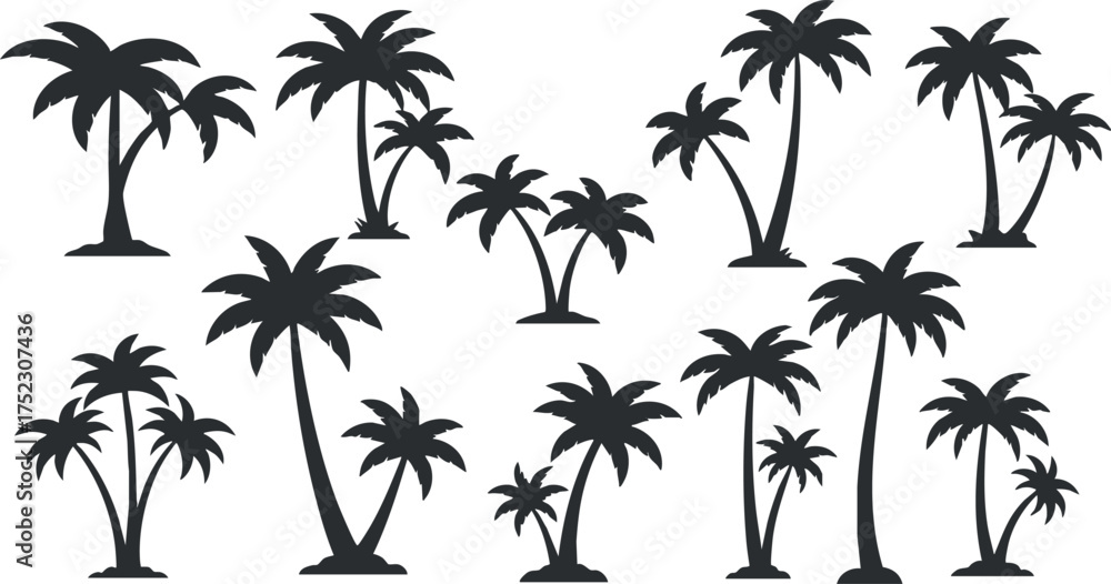 Fototapeta premium A collection of palm tree silhouettes ideal for tropical and beach-themed designs.