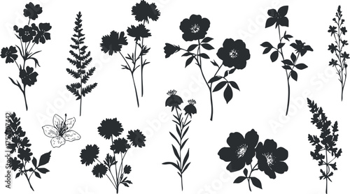 A collection of floral silhouettes showcasing various flowers and plants in black and white.