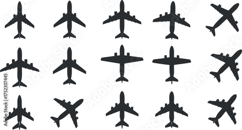 Silhouettes of various aircraft in multiple positions representing aviation and travel themes.