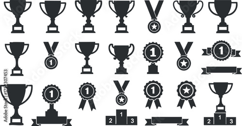 A collection of trophies and medals representing awards and achievements in various competitions.