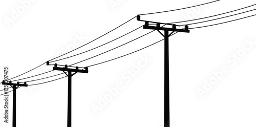 Silhouette utility poles, power lines perspective, electrical infrastructure, energy distribution, industrial skyline, urban electricity grid, tension cables, 