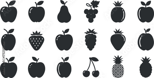 A collection of fruit silhouettes including apples, pears, grapes, and pineapples.