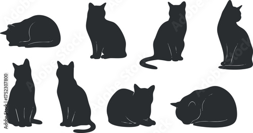 Collection of black cat silhouettes in various poses and positions for artistic purposes.