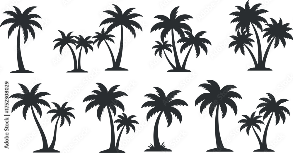 Fototapeta premium A collection of black silhouette palm trees ideal for tropical and beach-themed designs.