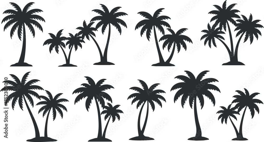Fototapeta premium Silhouettes of palm trees in various sizes and shapes, ideal for tropical-themed designs.