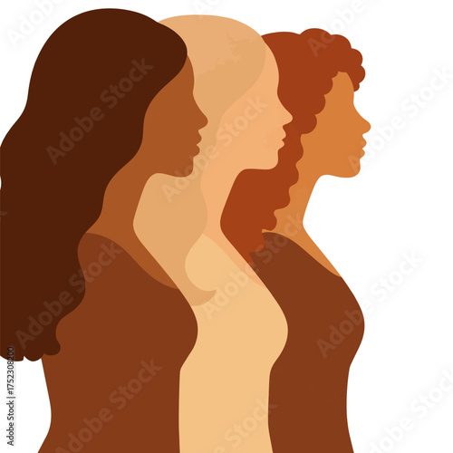 Three women with different hair colors and skin tones stand side by side. The image conveys a message of unity and diversity. Vector. 