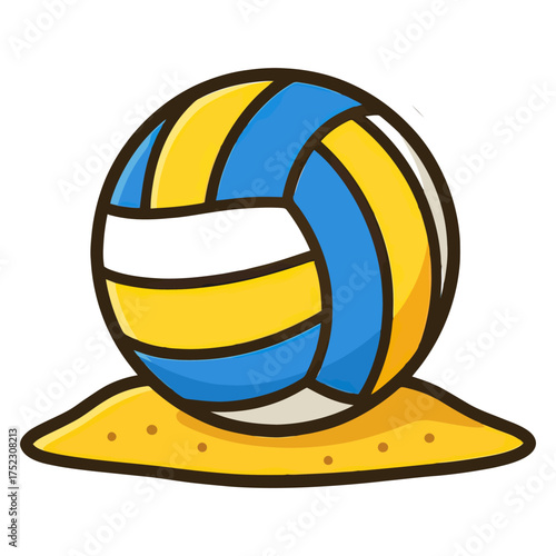 A cartoon drawing of a yellow and blue volleyball on a sandy beach. The beach ball is sitting on top of the sand. Vector. 
