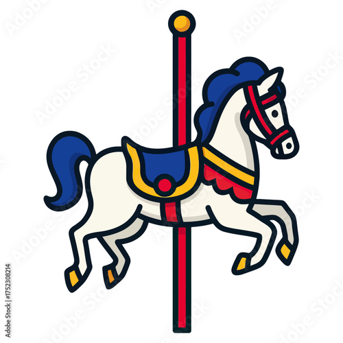 A horse is riding on a carousel. The horse is white and blue. The carousel is red and yellow. Vector. 