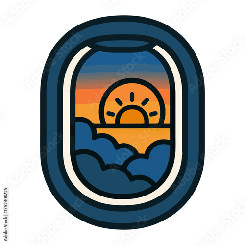 A blue and white circle with a sun in the middle and a blue ocean in the background. The sun is setting and the sky is orange. Vector. 
