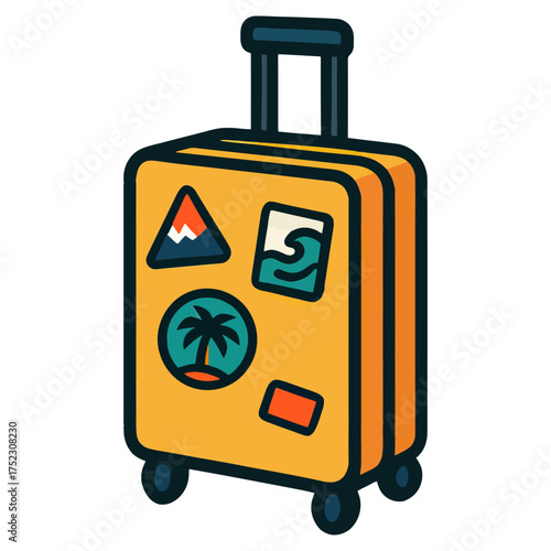 A yellow suitcase with stickers on it. The suitcase is on a white background. The suitcase is a cartoonish drawing. Vector. 