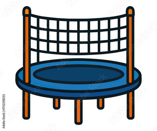 A blue and orange trampoline with a net is shown. The trampoline is circular in shape and has a blue base. Vector. 