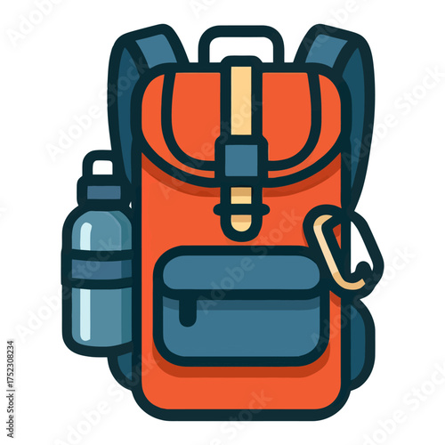 A backpack with a bottle of water on top of it. The backpack is orange and blue. Vector. 