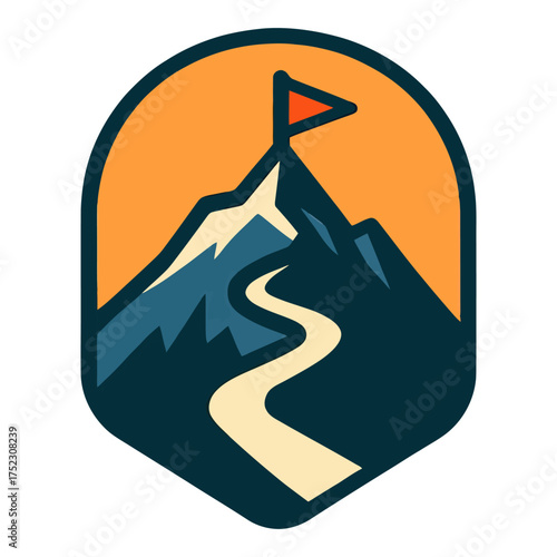 A mountain with a flag on top and a road leading to it. The flag is orange and the mountain is blue. Vector. 