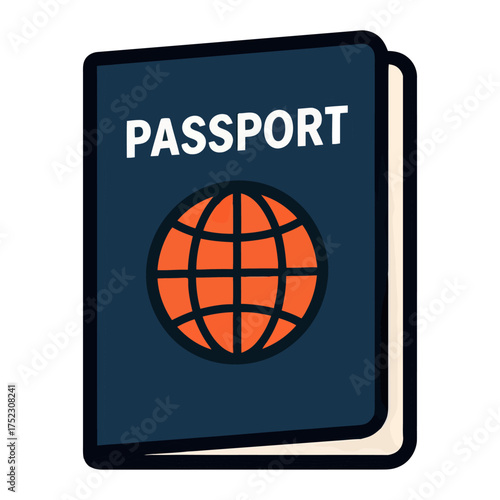 A passport is shown with a globe on the cover. The globe is orange and black. Vector. 