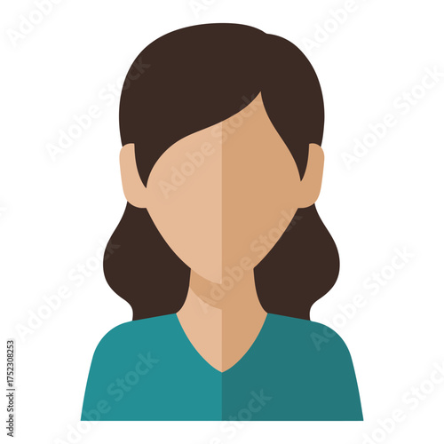 A woman with long brown hair and a blue shirt. She is wearing a blue shirt and has long brown hair. Vector. 