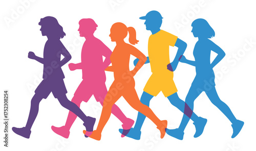 A group of people are running in a line. The people are in different colors and are running in different directions. Vector. 