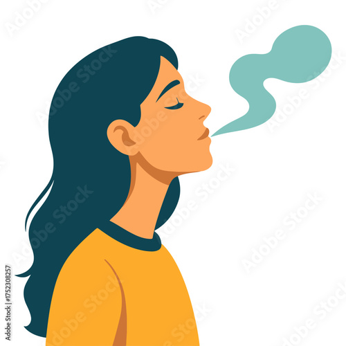 A woman is smoking a cigarette and exhaling smoke. Concept of relaxation and leisure. The smoke rising from her mouth adds to the casual. Vector. 