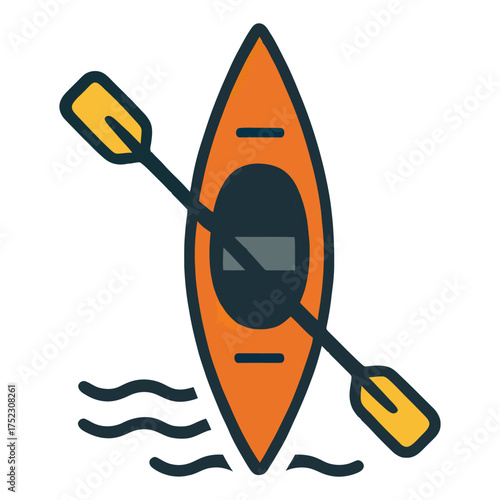 A yellow and orange kayak with a paddle in the water. The paddle is attached to the boat and is pointing to the right. Vector. 