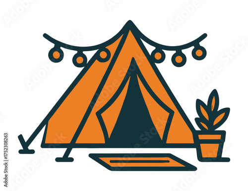 A tent with a plant in a pot is shown. The tent is orange and blue, and the plant is green. Scene is warm and inviting. Vector. 
