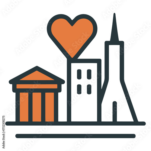 A city skyline with a heart in the middle. The heart is surrounded by buildings and a church. Vector. 
