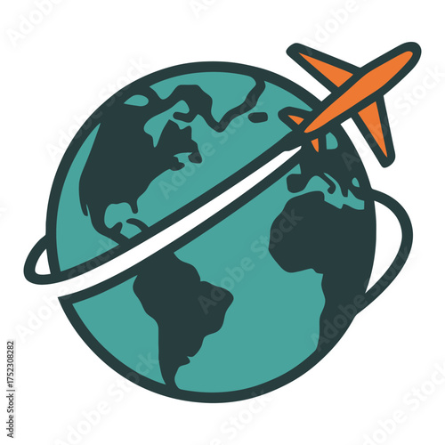 A blue and green globe with an orange airplane flying through it. The globe is the Earth and the airplane is a symbol of travel. Vector. 