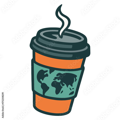 A coffee cup with a world map on it. The cup is hot and steam is coming out of it. Vector. 