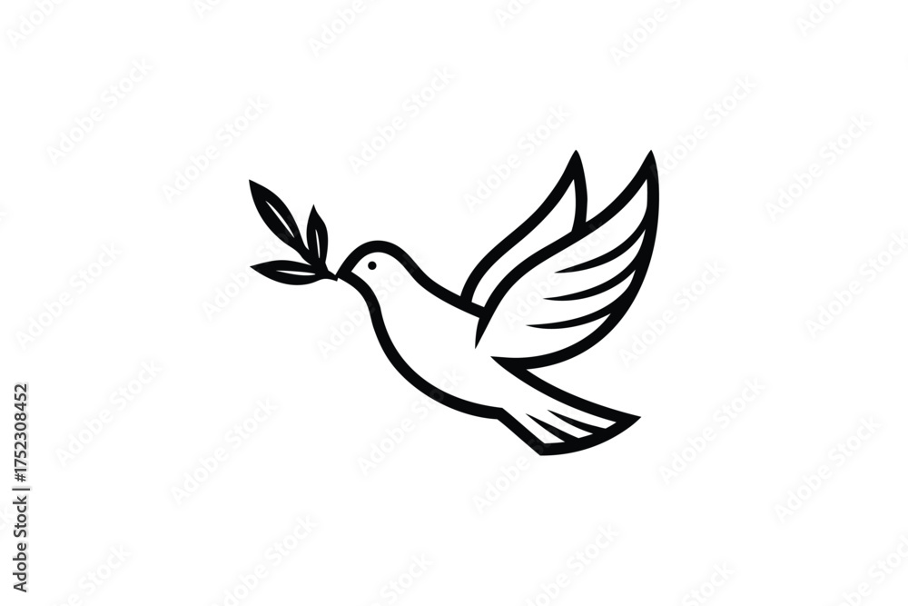 Fototapeta premium Minimalist line art of a dove flying upwards holding an olive branch