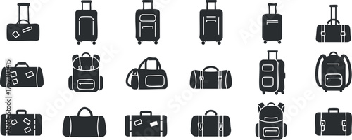 A collection of various styles of travel bags and suitcases in a monochrome design.