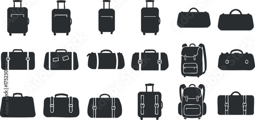 Collection of various black luggage silhouettes including suitcases backpacks and duffel bags.