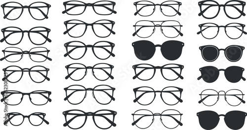 A collection of various styles of glasses including sunglasses and spectacles arranged in rows.