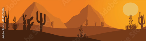 Sunset view in the middle of the dry desert on the mountain in nature, tree shadows at dusk, background illustration.