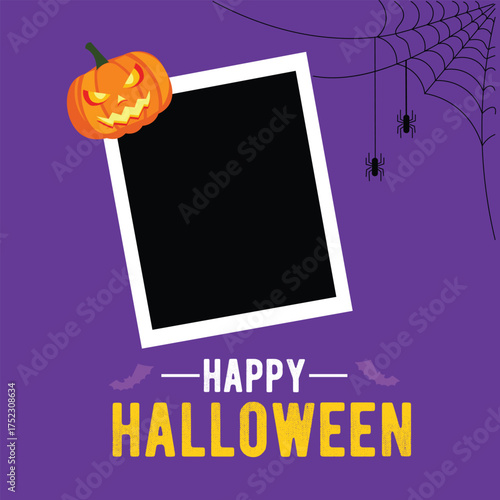 Flat Halloween illustration with jack-o'-lantern, spiderwebs, and polaroid photo frame featuring trick or treat text on purple background