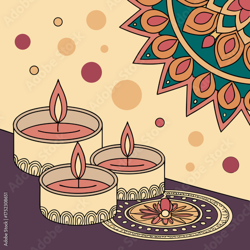 Candle light and bokeh background celebrate Indian Holiday Diwali. 