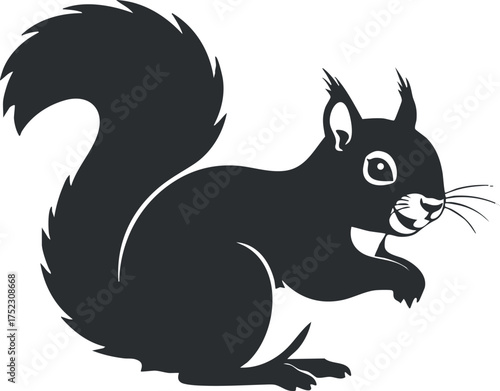 A playful cartoon squirrel with a bushy tail in a simple black silhouette style.