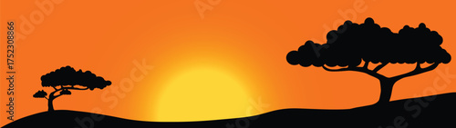 Sunset view in desert field reflecting trees on mountain ridge background illustration