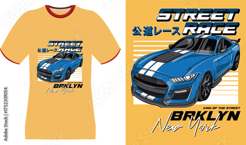 Blue Street Race Car Graphic with Japanese Text and Brooklyn New York Slogan