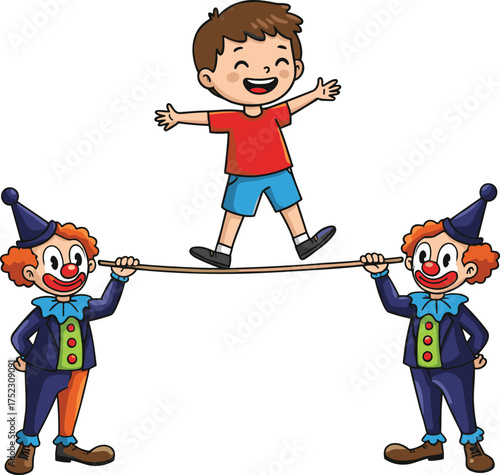Cartoon child balancing on rope held by clowns, circus performance scene, white background, playful coordination and entertainment illustration