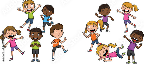 Cartoon children playing and interacting with joyful expressions and dynamic poses, group activity scene, white background, playful character illustration