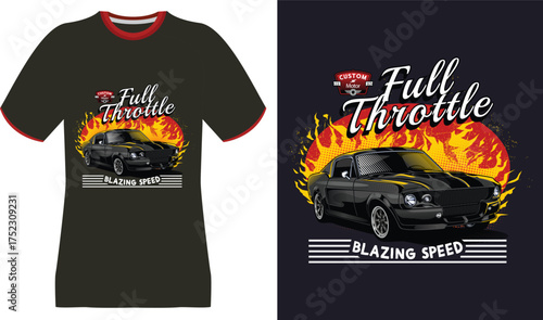 Vintage Muscle Car with Flames and "Full Throttle" Text Design