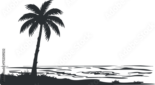 A silhouette of a palm tree beside the ocean, ideal for tropical beach themes.