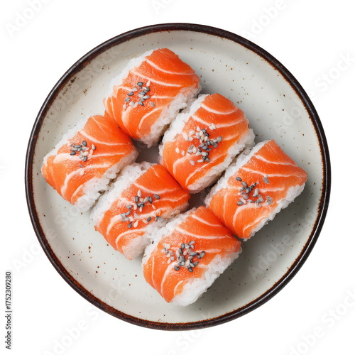 Overhead view of six pieces of nigiri sushi on a speckled plate, against a black background