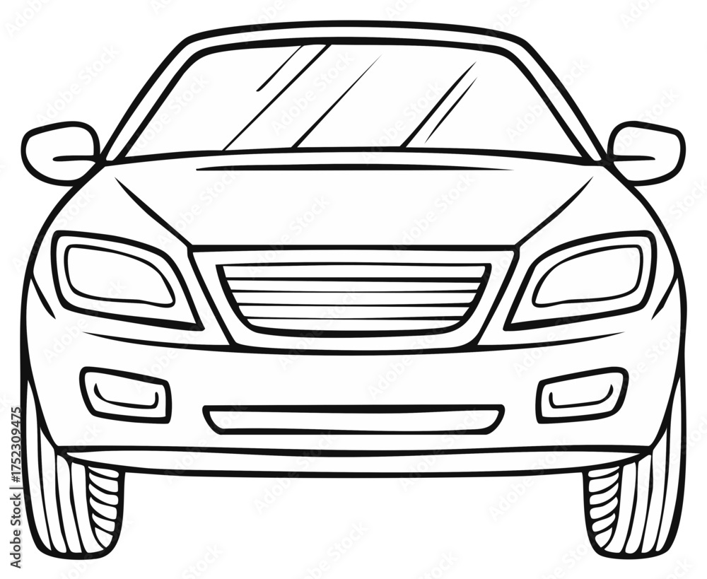 Naklejka premium Car Line Drawing Front View: Automobile Coloring Page Illustration Vehicle Transportation